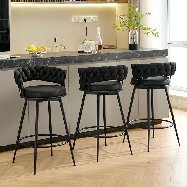 LONXIU 360° Swivel Bar Stools Set of 3, 28 inch Counter Height Bar Stools Modern Barstools with Woven Back and Suede Fabric, Metal Frame & Footrest for Kitchen Island, Cafe, Pub, Bar Counter, Black