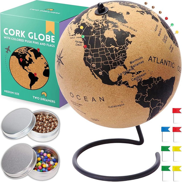Cork Globe with Metallic and Multicolored Push Pins - 9.9" World Travel Map with Pins, Perfect-Sized Push Pin Travel Map for Home or Office, Unique 3D alternative to the classic World Map Pin Board