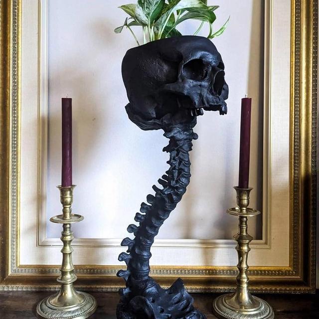 Gothic Skull Planter & Skeleton Vase - 11.6" Tall Black Skeleton Flower Pot for Indoor Plants, Spooky Goth Decor for Halloween Table Centerpiece, Gothic Gifts with Skull Decor for Bathroom & Home