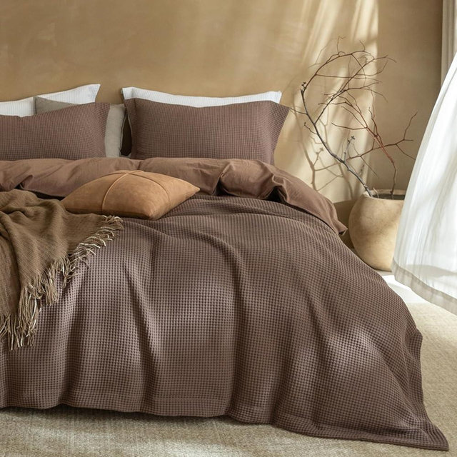 cotondream Brown Waffle Bedding Duvet Cover Set Queen Size 90 x 90 Inches，100% Washed Cotton Bedding Set with Premium Drape Includes Duvet Cover and 2 Pillowcases, Oeko TEX Certified
