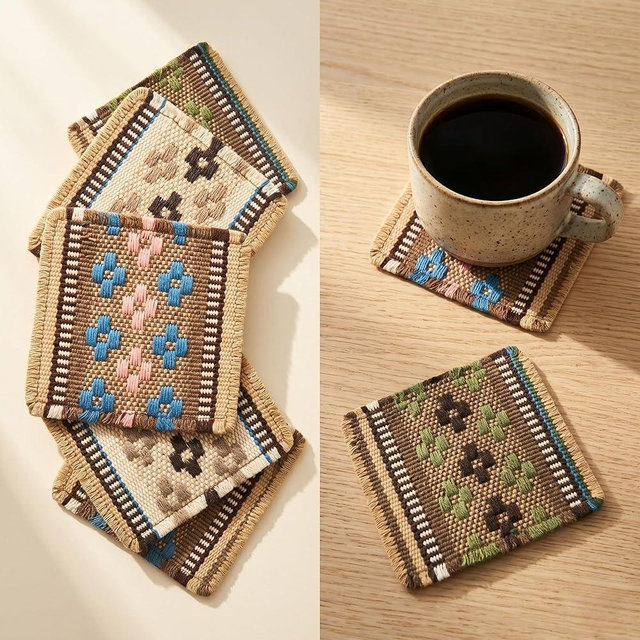 Boho Woven Coasters Set of 6, Absorbent Drink Coasters for Coffee Table, Rustic Farmhouse Table Decor, Southwestern Aesthetic, Handmade Style, Housewarming Gift