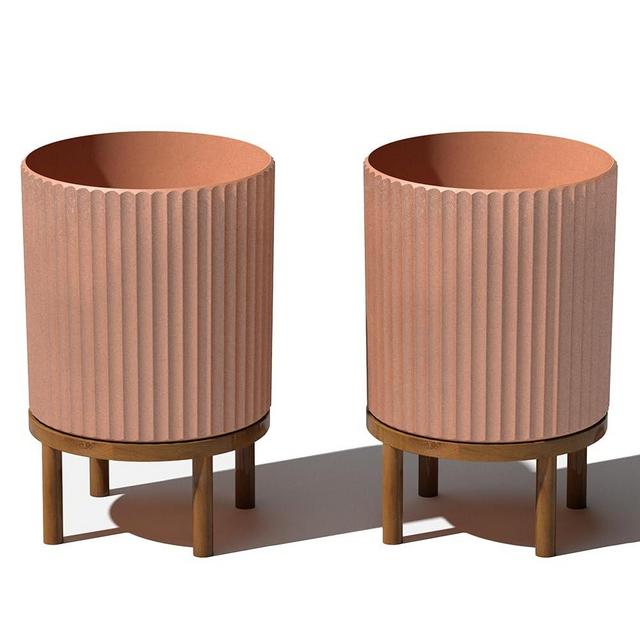 Veradek Demi Series Round Planter w/Stand for Porch/Patio | Durable Plastic-Stone Composite & Wooden Stand | Modern Décor for Tall Plants, Flowers
