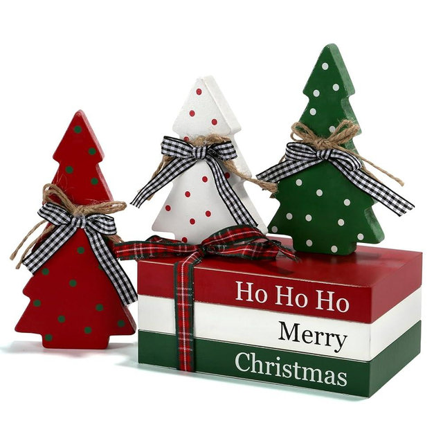 Christmas Decoration 6PCS Table Centerpieces, Tabletop Christmas Decor for Tiered Tray Shelf Mantel Fireplace Coffee Bar Office Desk Farmhouse Xmas Holiday Decoration Wood Faux Book and Tree Sign
