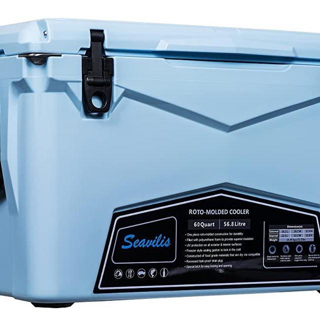Seavilis Heavy Duty Camping Cooler 60qt (Sky Blue) (Including $50.0 Free Accessories) Hanging Wire Basket,Divider and Cup Holder are Free