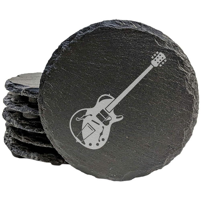 Rock On! Laser-Etched Slate Coasters: 4 Cool Guitar Designs for Coffee & Drinks - Round Slate - Set of 4