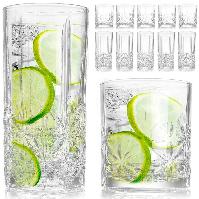 LemonRoad 12 Pcs Crystal Glass Cups Mixed Glassware Set 6 Pack 15oz Crystal Old Fashioned Highballs 6 Pack 12oz Whiskey Glasses for Cocktail Whisky Beer Soda Tea Beverages Dishwasher Safe(Star)