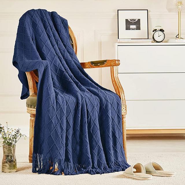 Inhand Knitted Throw Blankets for Couch and Bed, Soft Cozy Knit Blanket with Tassel, Navy Blue Lightweight Decorative Blankets and Throws, Farmhouse Warm Woven Blanket for Men and Women, 50"x60"