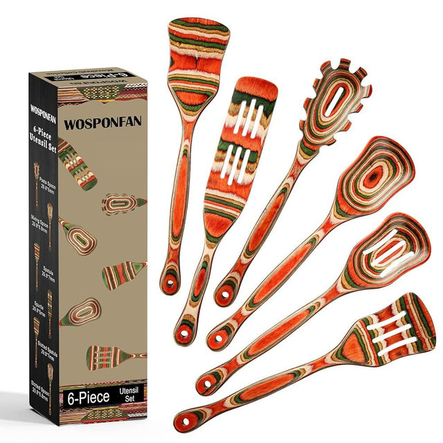 Wooden Spoons for Cooking, WOSPONFAN Kitchen Utensils Set, Pakkawood Kitchen Cooking Utensils Set, Apartment Essentials Wood Serving Spatula spoon, Salad Tongs, Home & kitchen Gift for Women