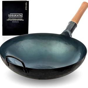 YOSUKATA Blue Round Bottom Wok Pan – 14" Woks and Stir Fry Pans - Chinese Hammered Pow Carbon Steel - Traditional Chinese Japanese Woks (14", Blue)