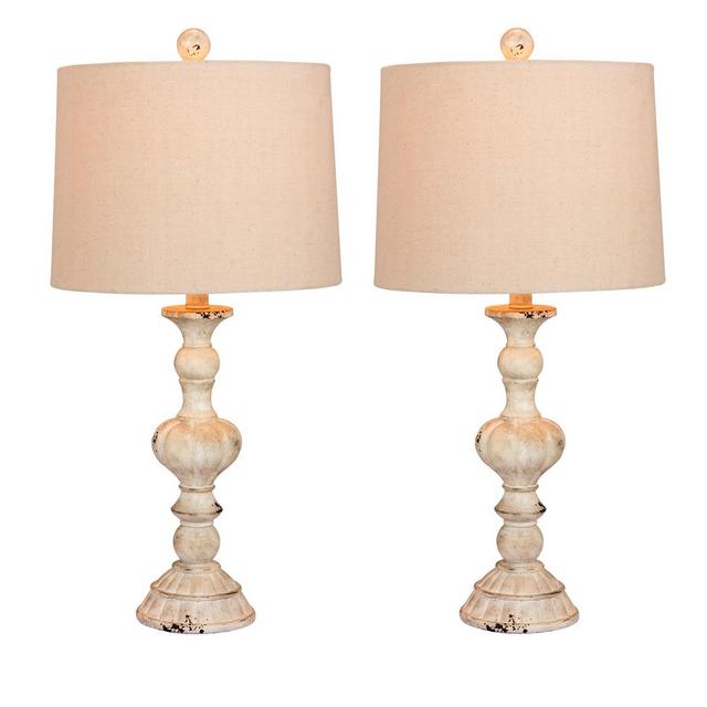 Fangio Lighting Distressed Sculpted Candlestick Resin Table Lamps White