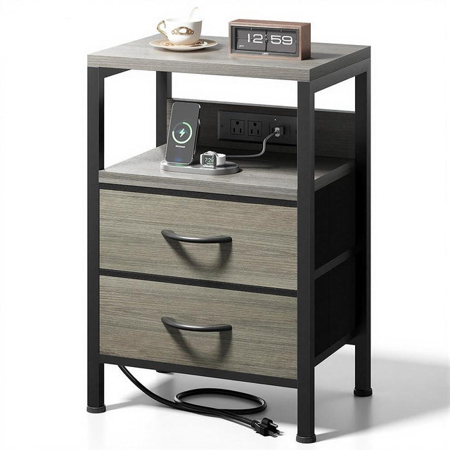Lazzanto NightStand Bedside Charging Table Bedroom - Night Stand with Charger Station, Modern Nightstand with Open Shelf & 2 Fabric Drawers, End Table with USB-C USB Ports & AC Outlets for Dorm, Grey