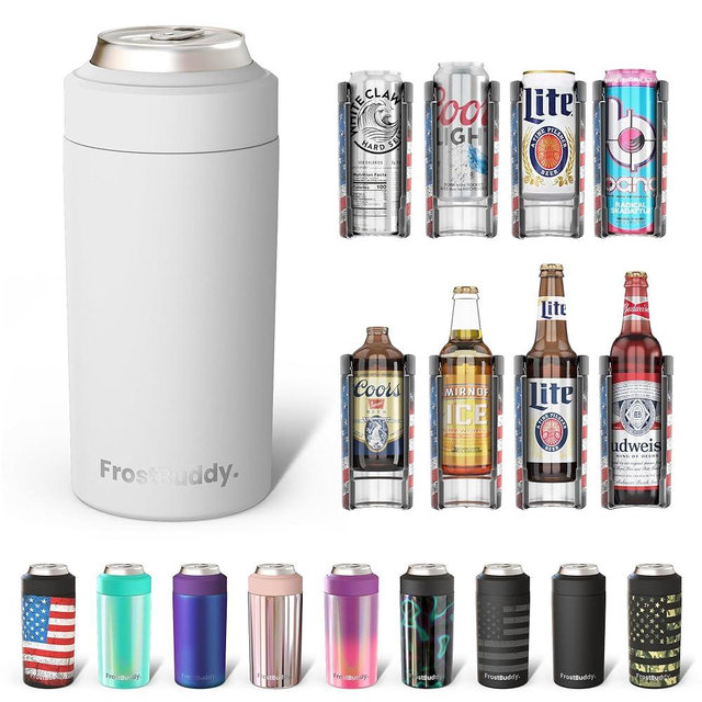 Frost Buddy Universal Can Cooler - Fits all - Stainless Steel Can Cooler for 12 oz & 16 oz Regular or Slim Cans & Bottles - Stainless Steel