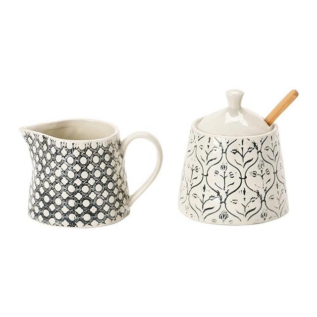 Creative Co-Op 6 oz. Hand-Stamped Stoneware Creamer Sugar Jar with Spoon Sugar & Creamer, 8.25", Black & Cream
