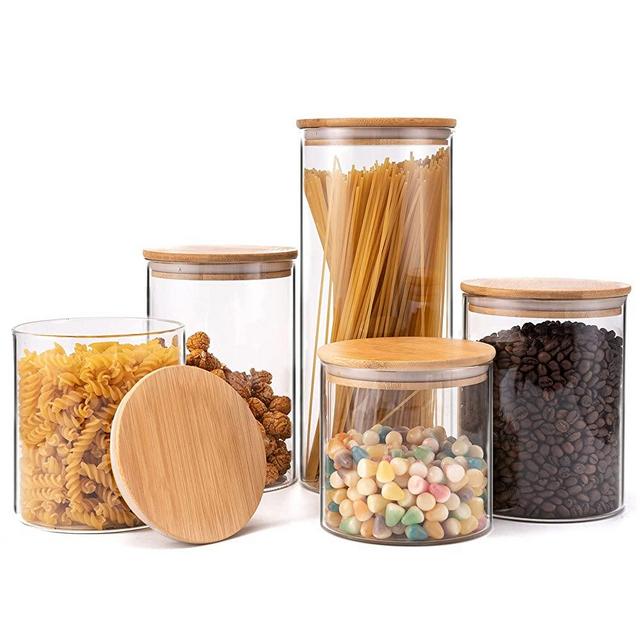 Glass Storage Jars [Set of 5]-Clear Glass Food Storage Containers with Airtight Bamboo Lid Stackable Kitchen Canisters for Candy,Cookie,Rice,Sugar,Flour,Pasta,Nuts and Spice Jars (Set of 5 -large Size)