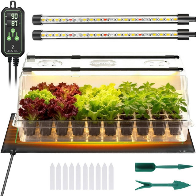 Adawook Large Seed Starter Tray with Grow Light and Thermostat Controller Heat Mat, 10"x 20.75" Heat Mats for Plant Growing，68-113°F Adjustable，Color Change Grow Lights，Germination Trays Kits