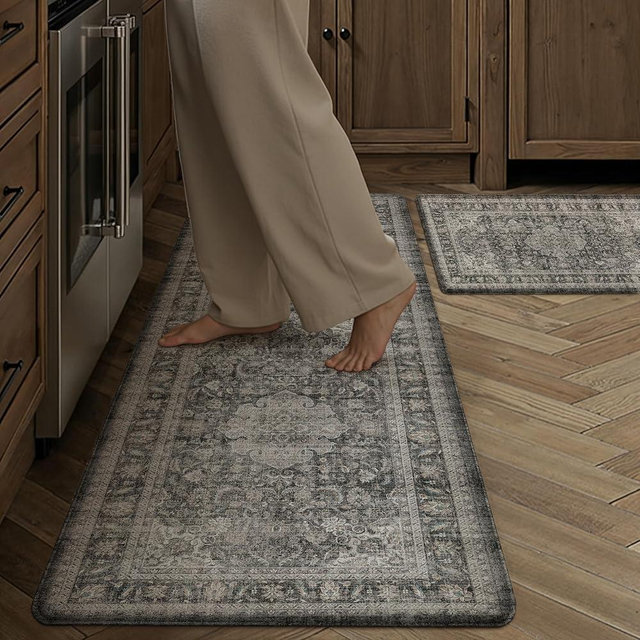 WondRg WondRgVintage Kitchen Mats for Floor Anti Fatigue Waterproof Kitchen Rugs Sets of 2 Black Grey Cushioned Non-Slip Kitchen Mats Comfort Standing Mat for Sink Laundry Office 17.3"×47"+17.3"×30"