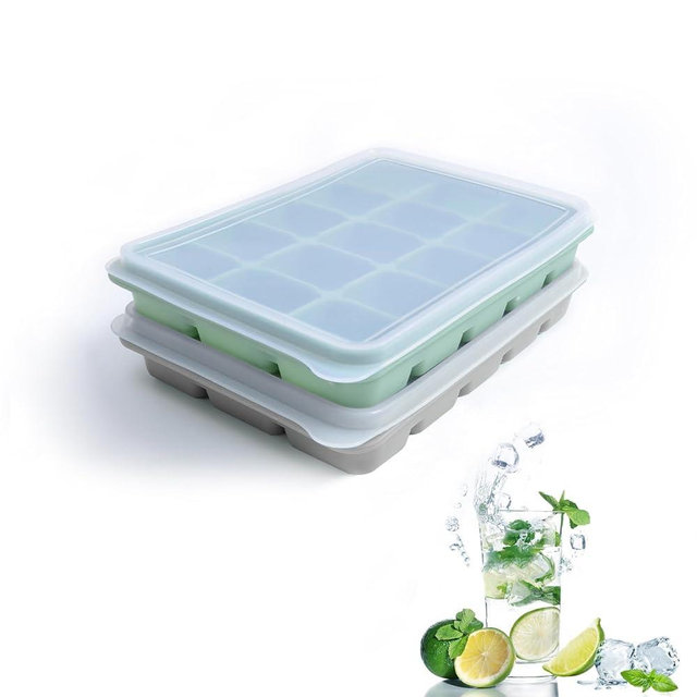 Ice Cube Trays Set of 2, Easy Release 15 Flexible Silicone Ice Cube Molds with Removable Lid Reusable Freezer Ice Trays Stackable for Whiskey, Baby Food, BPA Free (GREEN+GRAY)