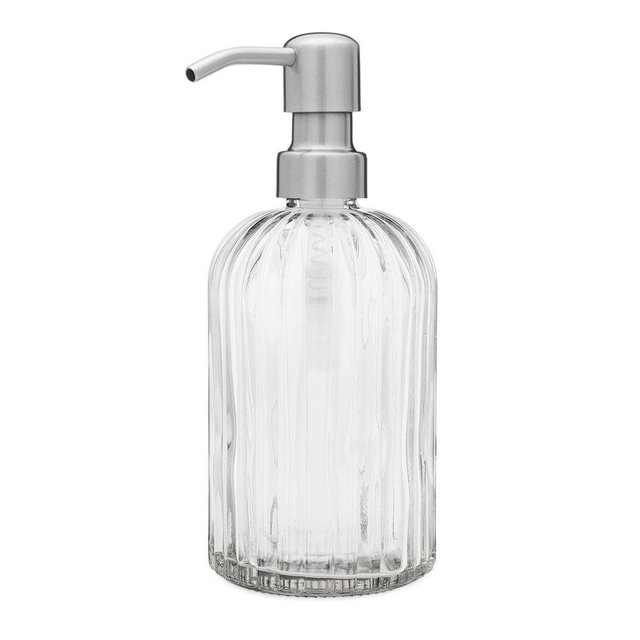 Rail19 Fluted Glass Nouveau Soap Dispenser with Metal Soap Pump - Lotion & Liquid Hand Soap for Kitchen and Bathroom, 12oz (Farmhouse Stainless)