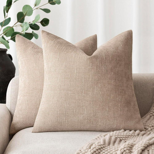 Foindtower Set of 2 Soft Textured Chenille Throw Decorative Pillow Covers Square Accent Solid Cushion Cover Cozy Neutral Farmhouse Pillow Case for Couch Sofa Bedroom Living Room 26x26 Inch,Cream Camel