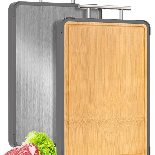 Cutting Boards for Kitchen - Food Grade Double Sided Pure Titanium& Bamboo Chopping Board with Handle, Slip resistant Non-toxic Charcuterie Board Housewarming Gifts (16×11)