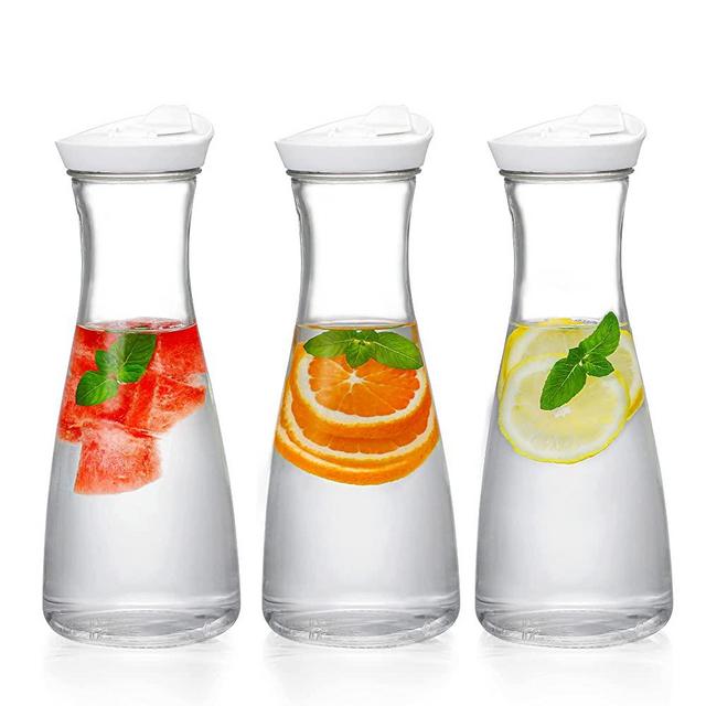 MOLADRI Glass Carafe with Lid, 1 Liter/34oz Juice Jugs for Mimosa Bar, Brunch, Party, Drink, Water, Wine, Ice Tea Pitcher, Beverage Jars for Fridge, Milk Containers for Refrigerator, Set of 3
