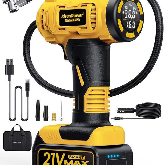 KeenPower Cordless Tire Inflator Portable Air Compressor, 160PSI 3X Faster Car Tire Pump, 21V Rechargeable Battery Powered Air Compressor, Larger & Clear HD Digital Pressure Gauge w/4+N Smart Modes