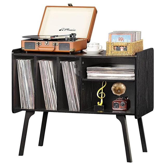 Lerliuo Record Player Stand with 4 Cabinet Holds Up to 220 Albums, Large Turntable Stand with Beech Wood Legs, Mid-Century Record Player Table,Black Vinyl Holder Storage Shelf for Bedroom Living Room