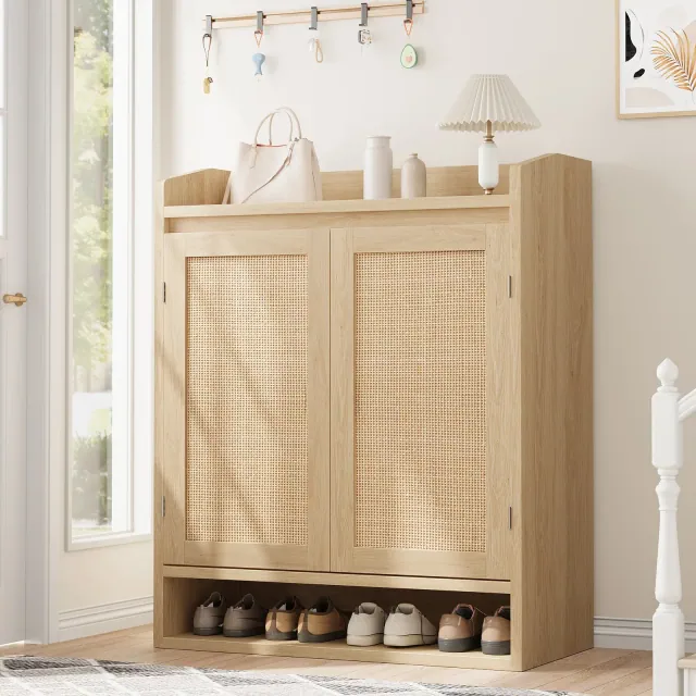 Rattan Shoe Cabinet with 2 Doors, Wooden Shoe Storage Organizer with Adjustable Shelves, 5-Tier Shoe Storage for Entryway, Living Room, Natural Oak