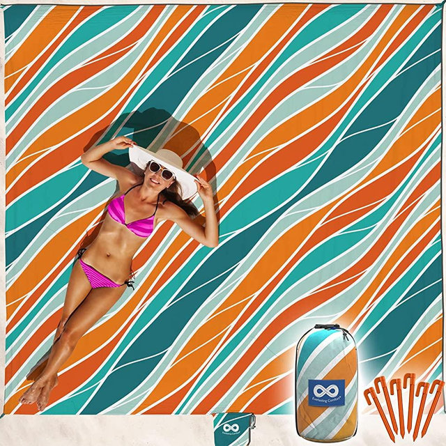Everlasting Comfort Lightweight Beach Blanket - No Sand Beach Mat for Up to 4 People with 6 Stakes - Large Waterproof, Sandproof, Microfiber Polyester Accessories for Beach, Picnic, Concert (8'x7')