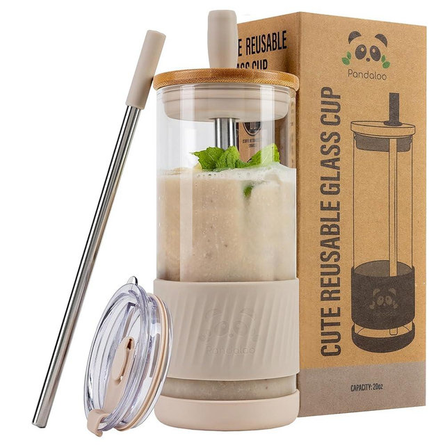 Pandaloo® Glass Cups With Lids and Straws -20 Fl Oz- Perfect Size Iced Coffee Cup - Smoothie Cup With Bamboo Lid and On the go Lid (Creamy Mushroom, 1 Count (Pack of 1)