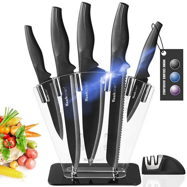 Wanbasion Black 7 piece Kitchen Knife Sets Dishwasher Safe, Knife Block Stainless Steel with Knives, Professional Knife Set for Kitchen with Sharpener