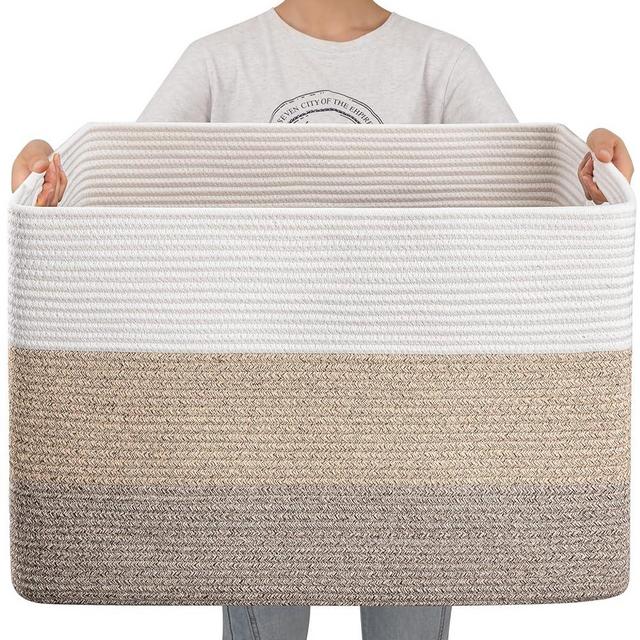 OIAHOMY Super Large Blanket Basket, 25”x16”x16”(108L) Rectangle Woven Baskets for Storage, Cotton Rope Basket For Living Room, Toy Basket with Handle, Basket for Organizing- Gradient Brown