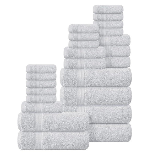 BOUTIQUO 24 Pack Cotton Towel Set, Contains 6 Bath Towels 27x54 inch, 6 Hand Towels 16x24 inch & 12 Wash Coths 12x12 inch, Ideal Everyday use, Ultra Soft Compact & Lightweight - Light Grey
