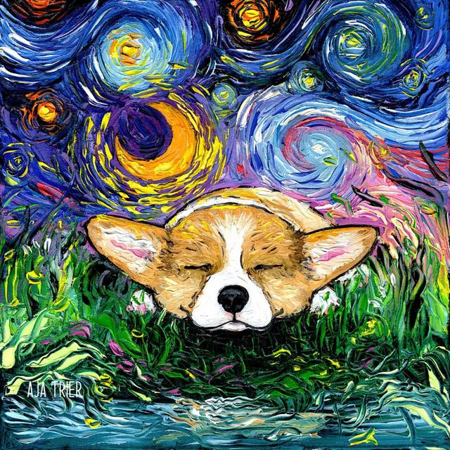Sleeping Pembroke Welsh Corgi Dog Starry Night Art Print picture by Aja choose size, Photo Paper Watercolor Paper artwork home decor