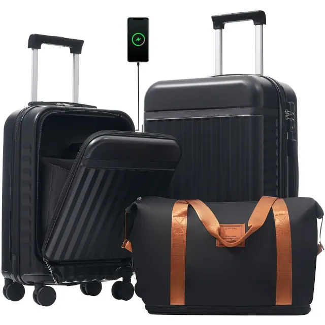 Merax 3-Piece Expandable Front-Opening Luggage Set with a Duffel Travel Bag, Black