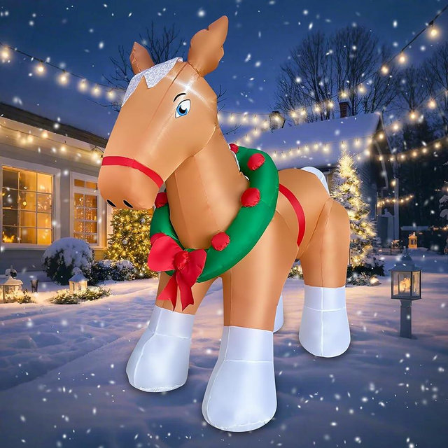 SEASONBLOW 5 FT Christmas Inflatable Horse Decoration, LED Lighted Xmas Horse Blow Up Decor for Farm Lawn Yard Garden Home Indoor Outdoor Holiday Party