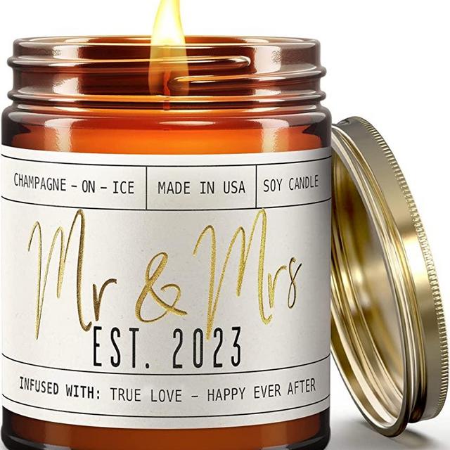 Wedding Gifts for Bride & Groom, Mr and Mrs Gifts - 'Mr & Mrs Est. 2023' Candle, w/Champagne on Ice I Newlywed Wedding Gifts for Couple I Bridal Shower Gift for Bride to Be I 50Hr Burn, USA Made