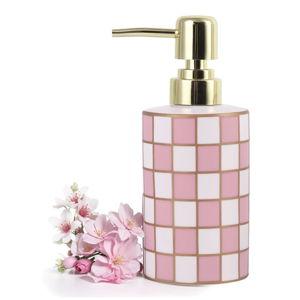 Checkered Bathroom Soap Dispenser,Gold Pump Ceramic Soap Dispenser,Kitchen Checkerboard Empty Pump Bottle,Bath Countertop Storage Organizer,Checkered Bathroom Decor (Pink)