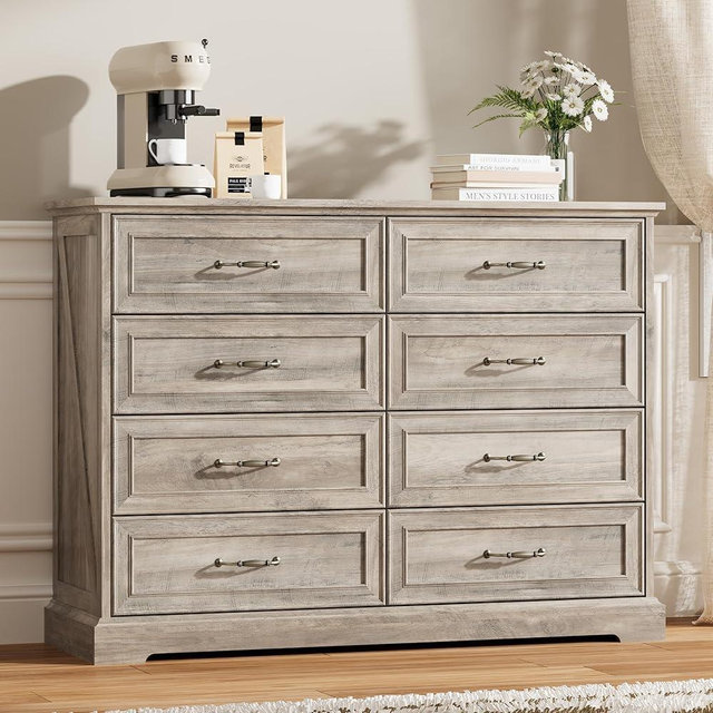 Thacuok 8 Drawer Dresser for Bedroom, 47" Wide Wooden Chest of Drawers, Rustic Farmhouse Dresser with Large Drawers & Metal Handles, Modern Storage Organizer for Closet, Living Room, Hallway, Grey