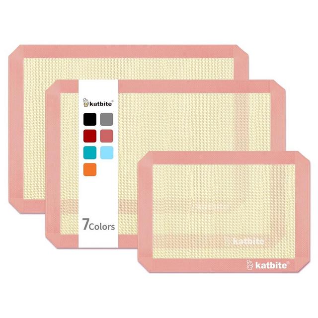 Katbite Silicone Baking Mat Colorful Collection - Set of 3: 2 Half Sheets Mats (11 5/8" x 16 1/2") + 1 Quarter Baking Sheet, Reusable & Nonstick Bakeware Mats for Cookies, Macarons, Bread (Pink)