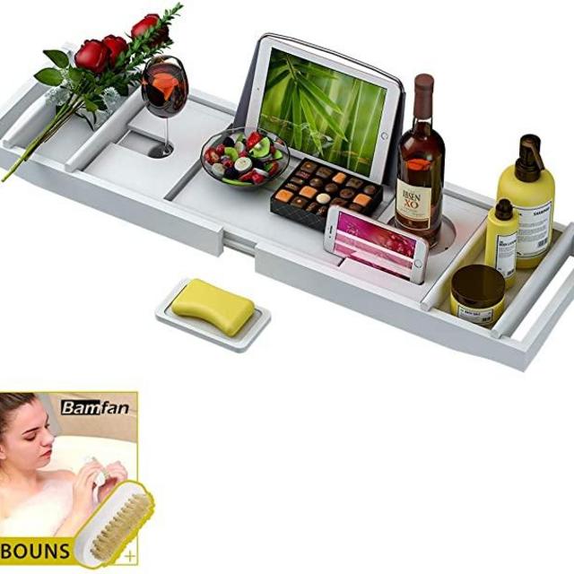 Bathtub Caddy Tray for Luxury Bath - Bamboo Waterproof Expandable Bath Table Over Tub with Wine and Book Holder and Free Soap Dish (White)