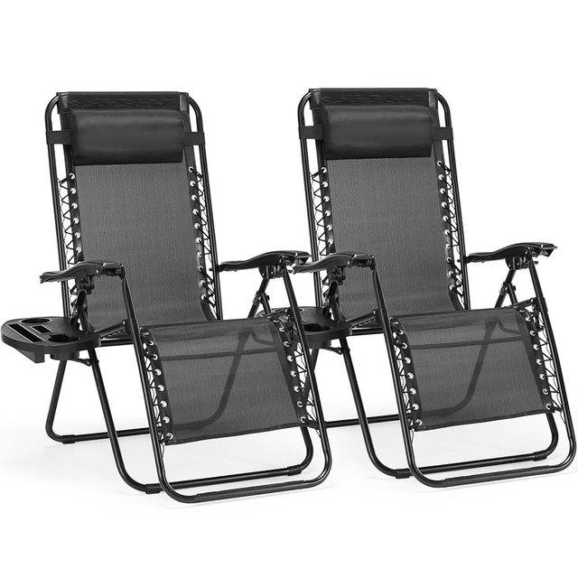 Sweetcrispy Zero Gravity Chairs, Set of 2 Portable Recliner Beach Camping Patio Outdoor Folding Lounge Chair with Cup Holder Trays and Adjustable Pillow for Poolside, Garden, Backyard, Lawn, Black