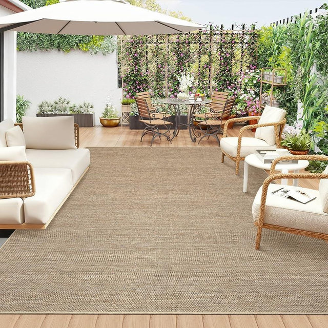9x12 Large Area Rug for Living Room Modern Solid Tan Indoor Outdoor Rugs Non Slip Low Pile Neutral Patio Easy Jute Outdoor Rugs Washable Carpet for Porch Kitchen Bedroom Living Room Backyard, Tan