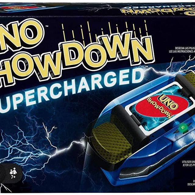 Mattel Games UNO Showdown Supercharged Family Card Game with 112 Cards and Showdown Supercharged Unit for Ages 7 Years Old and Up, Gift for Kid, Family or Adult Game Night