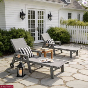 74" HDPE Reclining Chaise Lounge – 5-Position Adjustable with Cup Holder and Wheels (Set of 2) - Gray