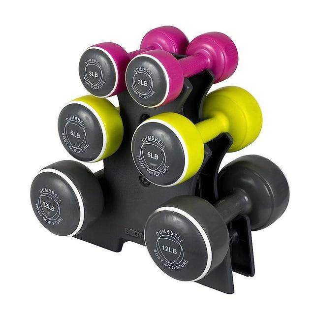 Body Sculpture Neoprene-Coated Free‑Weight Dumbbell Set with Rack Set includes 3, 6 and 12 lb weights ideal for men and women for small and large muscle groups.