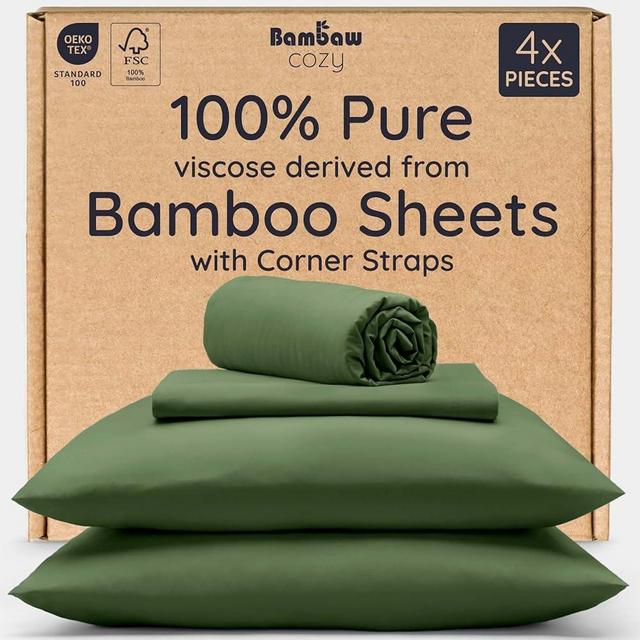 Bambaw 100% Viscose Derived from Bamboo Sheets Queen Size Set – 4pcs Cooling Sheet Set, Super Soft Sheets Queen Size, Luxury Bedding, Deep Pocket Fits Up to 16'' Mattresses (Olive)