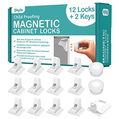 Magnetic Cabinet Locks (12-Pack 2 Keys) Baby Proofing Child Safety by Skyla Homes - The Safest, Quickest and Easiest Multi-Purpose 3M Adhesive Child Proof Latches, No Screws or Tools Needed