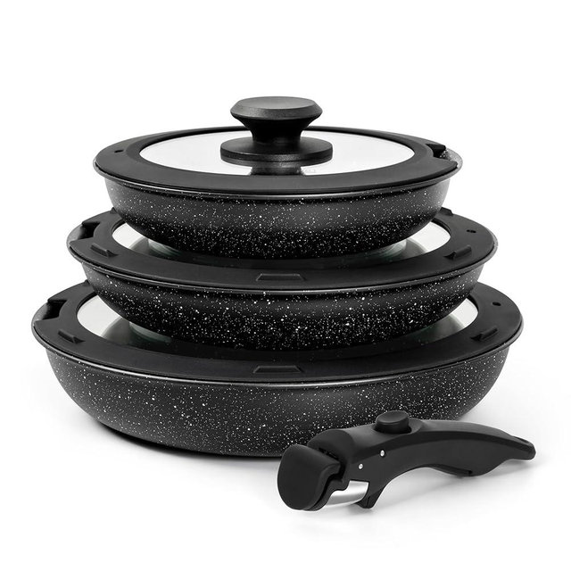 MICHELANGELO Nonstick Frying Pan Set with Lid, 8" 9.5" and 11" Fry Pans with Detachable Handle, Skillets with Removable Handle, Non Toxic Granite Coating Pans for Cooking, PFOA Free, Oven Safe, Black