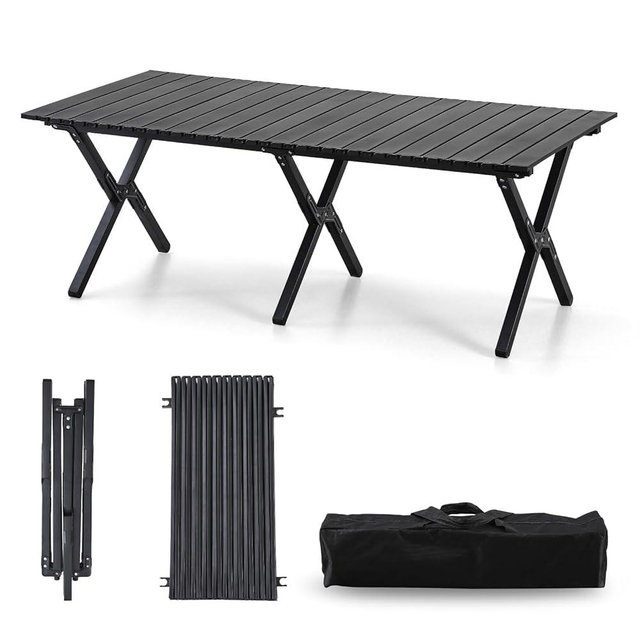 4Ft Aluminum Folding Camping Table, Portable Picnic Table, Outdoor Lightweight Collapsible Camp Table, Roll-up Camping Table for Beach,Party, Patio, BBQ, Travel, Backyard (Black Upgraded Version)